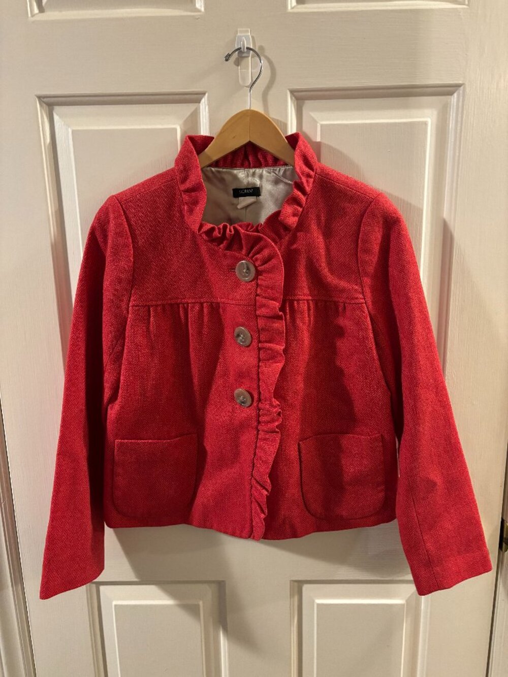 J. Crew Fiona Coral-Red Wool Herringbone Tweed Ruffled Front Fiona Jacket - 4